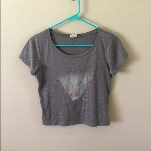 grey cropped t-shirt with design on front